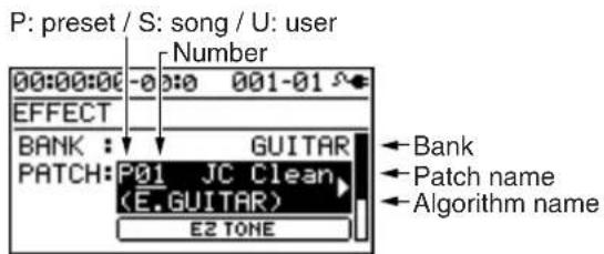 P: preset / S: song / U: user Number 00:00:00 -0 001-01 EFFECT BANK : GUITAR PATCH: P01 JC Clean (E.GUITAR) E2 TONE ← Bank ← Patch name ← Algorithm name