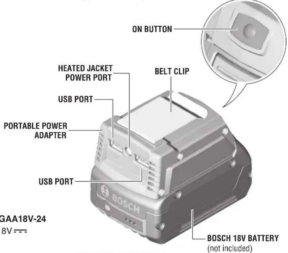 ON BUTTON HEATED JACKET POWER PORT BELT CLIP USB PORT PORTABLE POWER ADAPTER USB PORT GAA18V-24 8V--- BOSCH 18V BATTERY (not included)