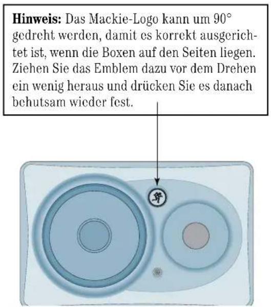 Hinweis: Das Mackie-Logo kann um 90° gedreht werden, damit es korrekt ausgerichtet ist, wenn die Boxen auf den Seiten liegen. Ziehen Sie das Emblem dazu vor dem Drehen ein wenig heraus und drücken Sie es danach behutsam wieder fest.