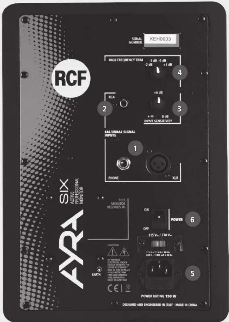 KEH0003 SERIAL NUMBER HIGH FREQUENCY TRIM -1 dB 0 dB -2 dB +1 dB RCA +5 dB +20 0 dB INPUT SENSITIVITY BAL/UNIBAL SIGNAL INPUTS PHONE XLR THIS MONITOR BELONGS TO ON POWER OFF 115 V-/230 V- 115 V-/1 TARL/WR IN 20 V-/1 80 mA L 30 Hz EARTH POWER RATING 150 W DESIGNED AND ENGINEERED IN ITALY - MADE IN CHINA RCF SIX ACTIVE PROFESSIONAL MONITOR