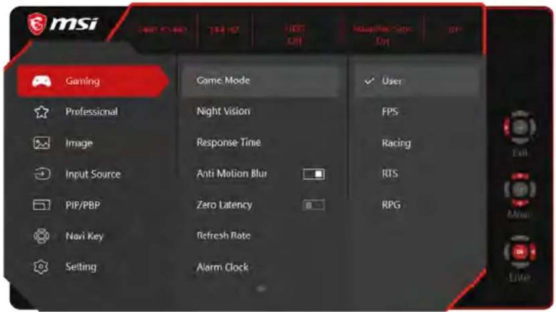 msi Gaming Game Mode User Professional Night Vision FPS Image Response Time Racing Input Source Anti Motion Blur RTS PIP/PBP Zero Latency RPG Navi Key Refresh Rate Setting Alarm Clock