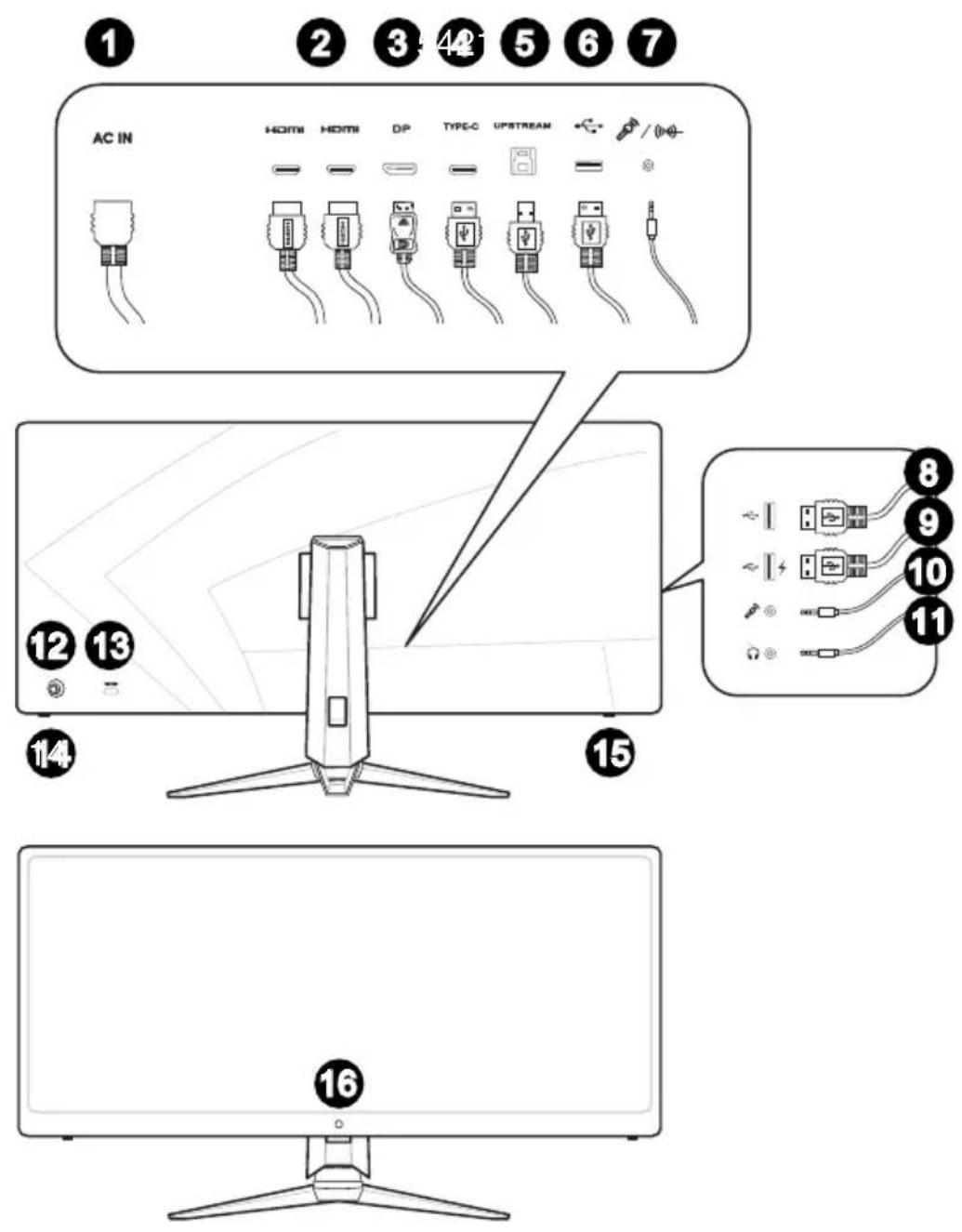 1 2 3 4 5 6 7 AC IN HDMI HOMI DP TYPE-C UPSTREAM 12 13 14 15 8 9 10 11 16