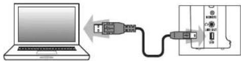Diagram showing connection between a laptop and an electronic device with labeled ports and cable