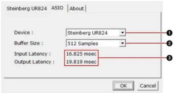 Steinberg UR824 ASIO | About | Device : Steinberg UR824 Buffer Size : 512 Samples Input Latency : 16.825 msec Output Latency : 19.819 msec OK Cancel