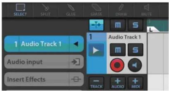 SELECT SPLIT GLUE EPRASE DRAW MUTE 1 Audio Track 1 Audio input Insert Effects 1 Audio Track 1 m s m s Track AUDIO MIDI