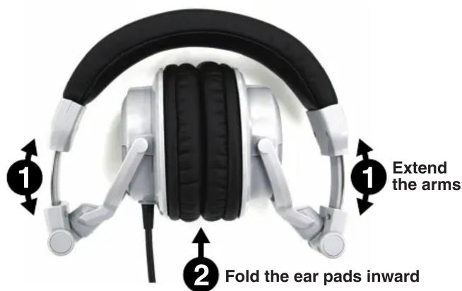 1 Extend the arms 2 Fold the ear pads inward