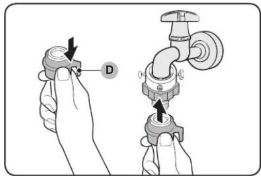 Diagram showing two hands adjusting a valve with labeled component D, likely illustrating a mechanical or electrical adjustment.