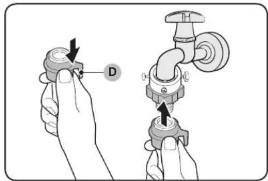 Diagram showing two hands holding a valve with labeled component D, illustrating the process of adjusting or adjusting a valve.