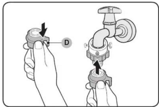 Diagram showing two hands adjusting a valve with labeled component D, likely illustrating a manual or mechanical operation.