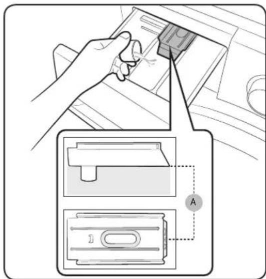 Diagram showing a hand inserting a device into a device with labeled components, including a magnified view of the device's internal structure.