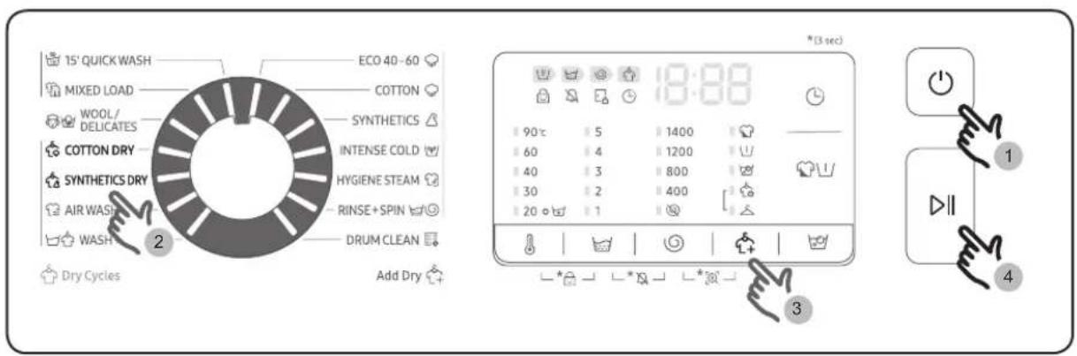 15' QUICK WASH MIXED LOAD WOOL/ DELICATES COTTON DRY SYNTHETICS DRY AIR WASH WASH Dry Cycles 2 ECO 40-60 COTTON SYNTHETICS INTENSE COLD HYGIENE STEAM RINSE+SPIN DRUM CLEAN Add Dry * (3 sec) 19:88 90°C 5 1400 60 4 1200 40 3 800 30 2 400 20 1 3 1 4