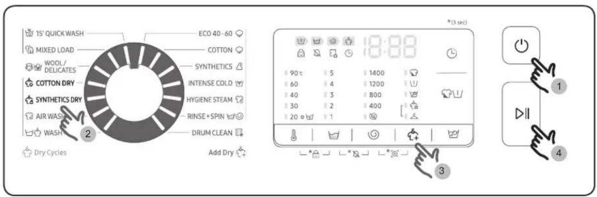 15' QUICK WASH MIXED LOAD WOOL/ DELICATES COTTON DRY SYNTHETICS DRY AIR WASH WASH 2 Dry Cycles ECO 40-60 COTTON SYNTHETICS INTENSE COLD HYGIENE STEAM RINSE+SPIN DRUM CLEAN Add Dry * (3 sec) 18:88 90°C 5 1400 60 4 1200 40 3 800 30 2 400 20 °F 1 3 1 4