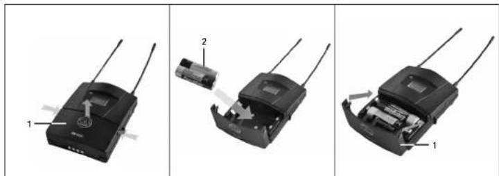 Diagram showing three stages of an electronic device with labeled parts: 1, 2, and 1, illustrating internal components and wiring.