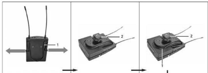 Diagram showing three stages of a device with labeled components and directional arrows indicating movement or transformation.