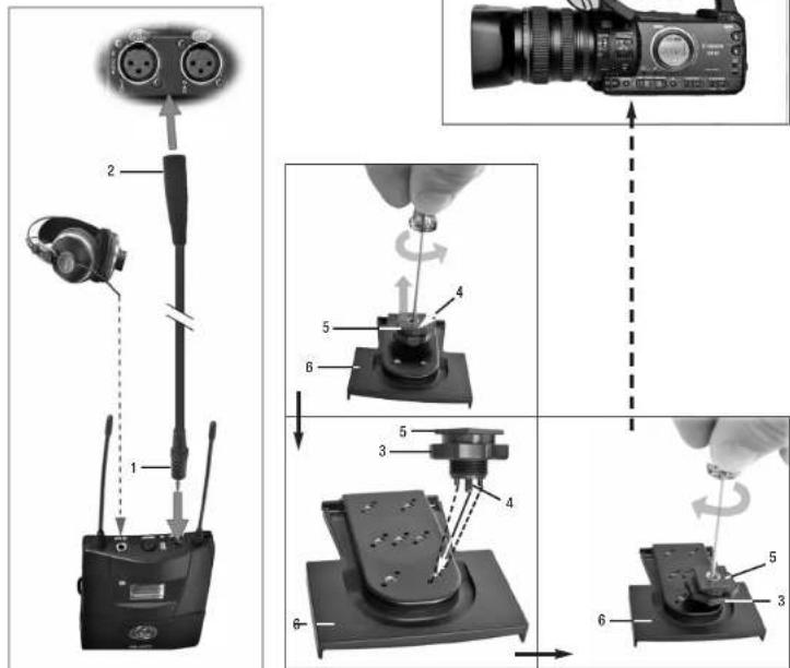 Diagram illustrating the assembly steps of a video camera with labeled components and motion arrows
