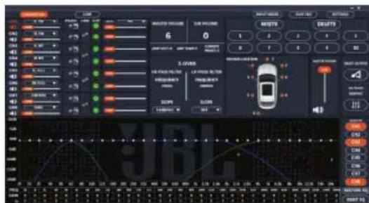Screenshot of a car audio editing interface with real-time display, channel controls, and playback controls