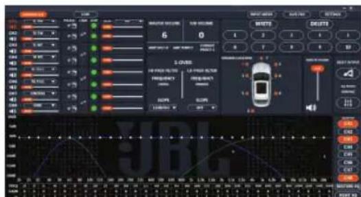 Screenshot of a car audio editing software interface showing track controls, playback settings, and a car display.