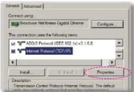 General | Advanced | Connect using: Broadcom NetXtreme Gigabit Ethema Configure... This connection uses the following items: AEGIS Protocol (IEEE 802.1x) v3.1.6.0 Internet Protocol (TCP/IP) Install... Default Properties Description Transmission Control Protocol/Internet Protocol. The default who are not connected to either that represents any connection.