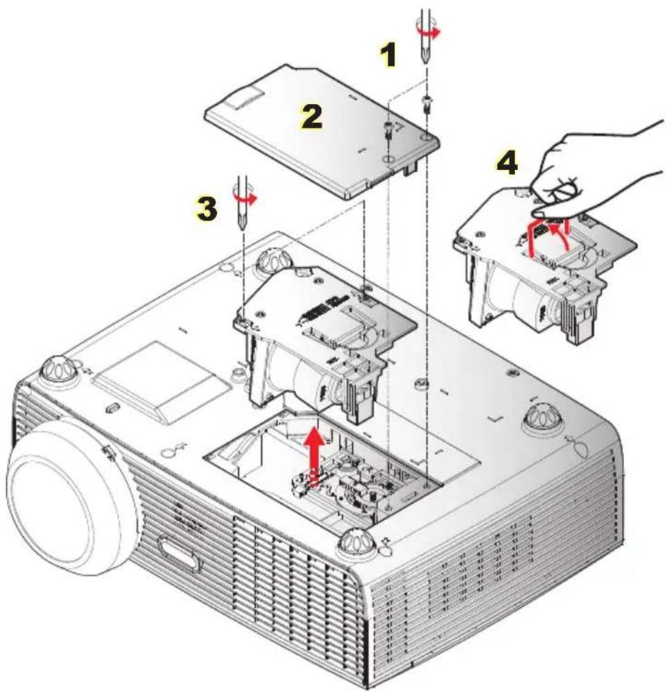 Exploded view diagram of a projector with numbered components and red arrows indicating assembly steps