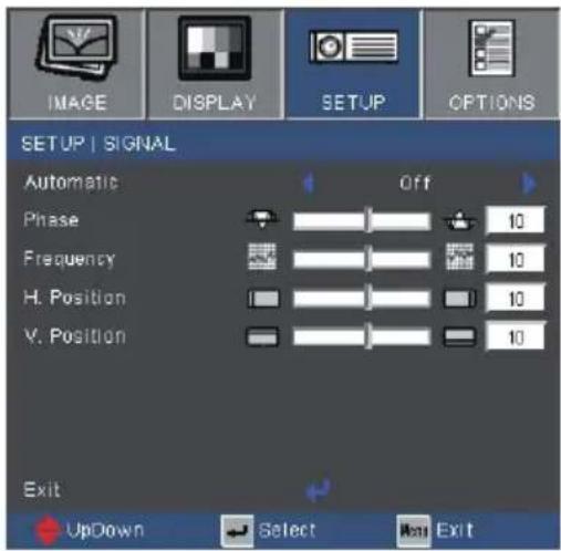 IMAGE DISPLAY SETUP OPTIONS SETUP | SIGNAL Automatic Off Phase 10 Frequency 10 H. Position 10 V. Position 10 Exit UpDown Select Exit