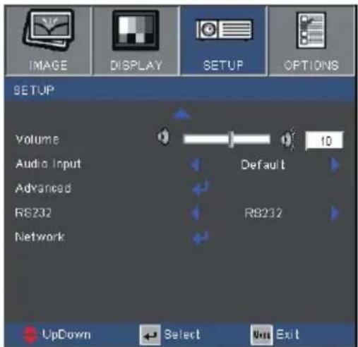 IMAGE DISPLAY SETUP OPTIONS SETUP Volume Audio Input Advanced RS232 Network Default RS232 UpDown Select Exit