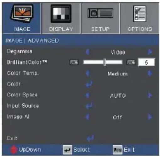 IMAGE | ADVANCED Degamma BrilliantColor™ Color Temp. Color Color Space Input Source Image AI Exit Video 5 Medium AUTO Off UpDown Select Next Exit