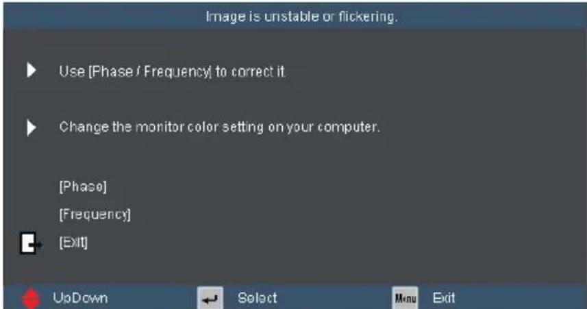Image is unstable or flickering. ► Use [Phase / Frequency] to correct it ► Change the monitor color setting on your computer. [Phase] [Frequency] [Exit] UpDown Select Mon Exit