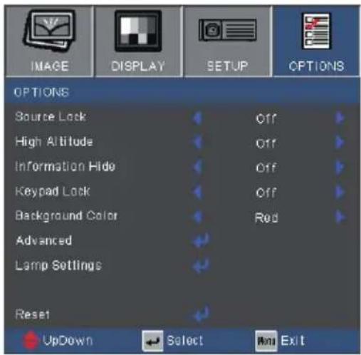 IMAGE DISPLAY SETUP OPTIONS Source Lock Off High Altitude Off Information Hide Off Keypad Lock Off Background Color Red Advanced Lamp Settings Reset UpDown Select Next Exit