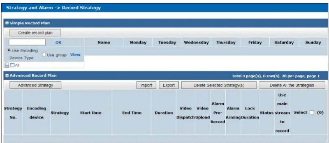 Strategy and Alarm -> Record Strategy Simple Record Plan Create record plan OK Name Monday Tuesday Wednesday Thursday Friday Saturday Sunday Use Encoding Use group View Device Type All Advanced Record Plan Total 0 page(s); 0 row(s). 20 per page, page 1 Advanced Strategy Import Export Delete Selected Strategy(s) Delete All the Strategies Strategy No. Encoding Strategy Start time End Time Duration Video Video Pre-Record Video Dispatch Upload Alarm Arming Lock Status Use main stream to record Select (0) device device