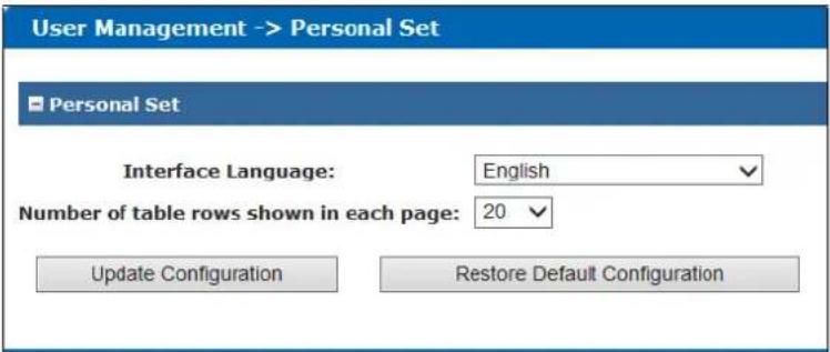 User Management -> Personal Set Personal Set Interface Language: English Number of table rows shown in each page: 20 Update Configuration Restore Default Configuration