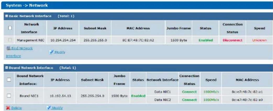 System -> Network Basic Network Interface (Total: 1) Network Interface IP Address Subnet Mask MAC Address Jumbo Frame Status Connection Status Speed Management NIC 10.254.254.254 255.255.255.0 8C:E7:48:7C:82:A2 1500 Byte Enabled Disconnect Unknown Find Network Interface Modify Bound Network Interface (Total: 1) Bound Network Interface: IP Address Subnet Mask Jumbo Frame Status nurses network interface Connection Status Speed MAC Address Bound NIC1 10.192.54.13 255.255.254.0 1500 Byte Enabled Data NIC1 Connect 1000Mb/s 8c:e7:48:7c:82:a1 Data NIC2 Connect 1000Mb/s 9c:e7:48:7c:82:a0 Delete Modify