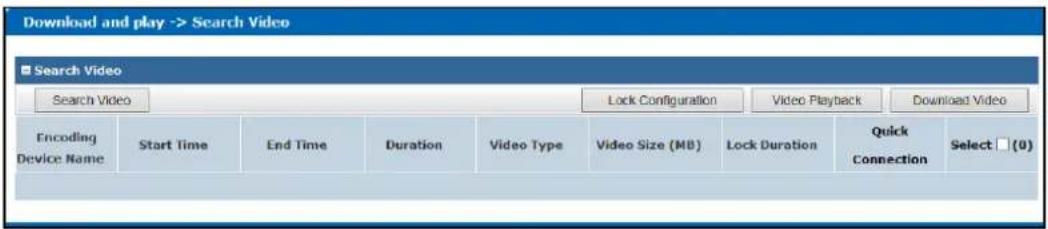 Download and play -> Search Video Search Video Lock Configuration Video Playback Download Video Encoding Device Name Start Time End Time Duration Video Type Video Size (MB) Lock Duration Quick Connection Select □ (0)