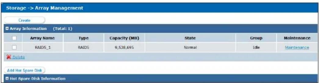Storage -> Array Management Create Array Information (Total: 1) Array Name Type Capacity (MB) State Group Maintenance RAIDS_1 RAIDS 9,538,695 Normal Idle Maintenance Delete Add Hot Spare Disk Hot Spare Disk Information