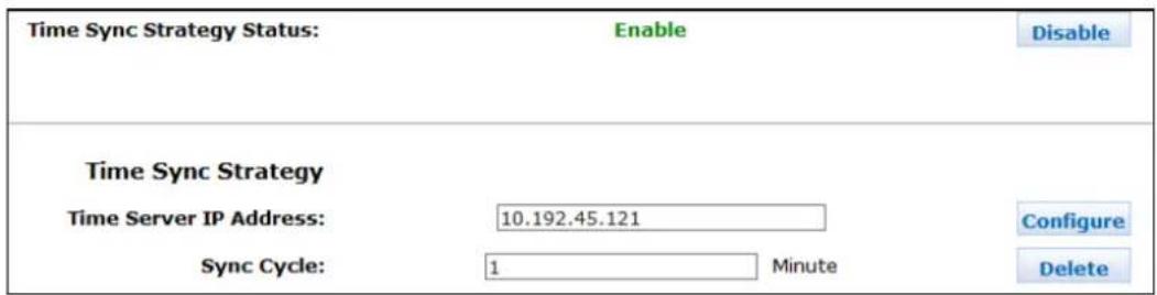 Time Sync Strategy Status: Enable Disable Time Sync Strategy Time Server IP Address: 10.192.45.121 Configure Sync Cycle: 1 Minute Delete