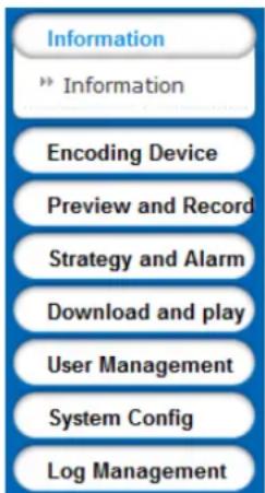 Information » Information Encoding Device Preview and Record Strategy and Alarm Download and play User Management System Config Log Management