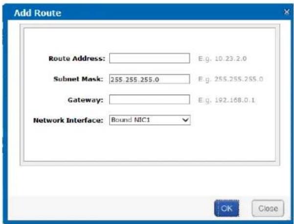 Add Route Route Address: E.g. 10.23.2.0 Subnet Mask: 255.255.255.0 E.g. 255.255.255.0 Gateway: E.g. 192.168.0.1 Network Interface: Bound NIC1 ✓ OK Close