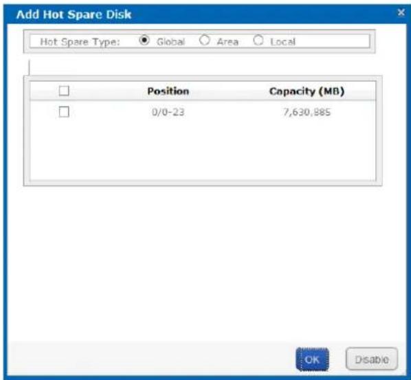 Add Hot Spare Disk Hot Spare Type: ● Global ○ Area ○ Local Position Capacity (MB) 0/0-23 7,630,885 OK Disable