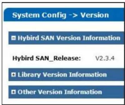 System Config -> Version ■ Hybrid SAN Version Information Hybird SAN_Release: V2.3.4 ■ Library Version Information ■ Other Version Information
