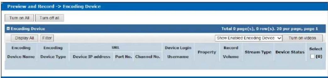 Preview and Record -> Encoding Device Turn on All Turn off all Encoding Device Total 0 page(s), 0 row(s), 20 per page, page 1 Display All Filter Snow Enabled Encoding Device ✓ Turn on videos Encoding Encoding URL Device Login Property Record Stream Type Device Status Select Device Name Device Type Device IP address Port No. Channel No. Username Volume Volume Device Status (0)