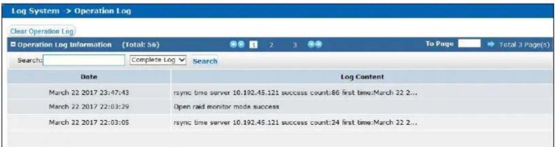 Log System -> Operation Log Clear Operation Log Operation Log Information (Total: 56) To Page Total 3 Page(s) Search: Complete Log Search Date Log Content March 22 2017 23:47:43 sync time server 10.192.45.121 success count:86 first time:March 22 2... March 22 2017 22:03:29 Open raid monitor mode success March 22 2017 22:03:05 sync time server 10.192.45.121 success count:24 first time:March 22 2...