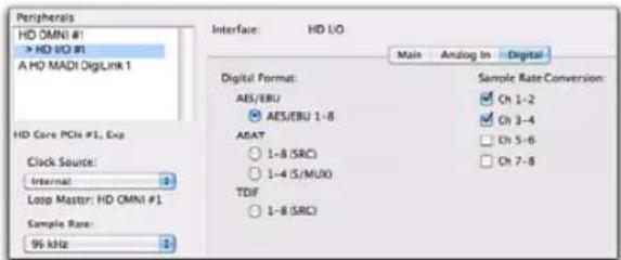 Peripherals HD OMNI #1 > HD I/O #1 A HD MADI DigLink 1 Interface: HD I/O Main Analog In Digital Digital Format: AES/EBU AES/EBU 1-8 ASAT 1-8 (SRC) 1-4 (S/MUX) TDF 1-8 (SRC) Sample Rate Conversion: Ch 1-2 Ch 3-4 Ch 5-6 Ch 7-8 Clock Source: Internal Loop Master: HD OMNI #1 Sample Rate: 96 kHz