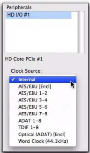 Peripherals HD I/O #1 HD Core PCIe #1 Clock Source: ✓ Internal AES/EBU [Encl] AES/EBU 1-2 AES/EBU 3-4 AES/EBU 5-6 AES/EBU 7-8 ADAT 1-8 TDIF 1-8 Optical (ADAT) [Encl] Word Clock (44.1kHz)