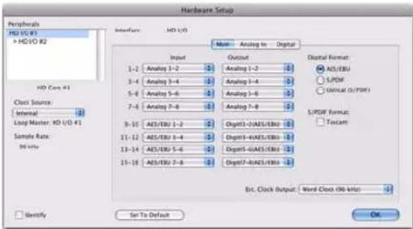 Hardware Setup Peripherals HD I/O #1 > HD I/O #2 Interface: HD I/O Main Analog In Digital Input Output 1-2 Analog 3-2 Analog 1-2 3-4 Analog 3-4 Analog 3-4 5-6 Analog 5-6 Analog 1-6 7-8 Analog 7-8 Analog 7-8 9-10 AES/EBU 1-2 Digit3-6AES/EBU 11-12 AES/EBU 3-4 Digit3-6AES/EBU 13-14 AES/EBU 5-6 Digit3-6AES/EBU 15-16 AES/EBU 7-8 Digit3-6AES/EBU Bit Clock Output: Word Clock Off MHz Send To Default OK Clock Source: Internal 2 Loop Master: HD I/O #1 Sample Rate: 0.0 MHz Digital Format: ADJ/EBU L/PDF Optical (O/PDF) S/PDF Format: Tecam Identify Set To Default OK