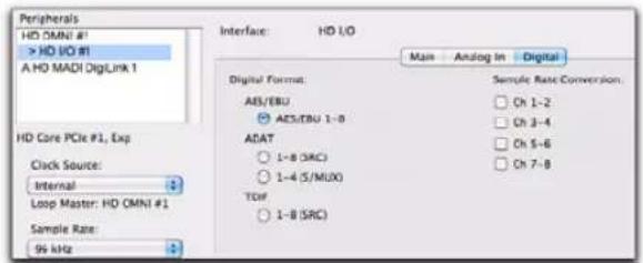 Peripherals HD OMNI #1 > HD I/O #1 A HD MADI DigLink 1 Interface: HD I/O Main Analog In Digital Digital Format: Sample Rate Conversion: AES/EBU Ch 1-2 AES/EBU 1-8 Ch 3-4 ADAT Ch 5-6 1-8 (SAC) Ch 7-8 1-4 (S/MUX) TDF 1-8 (SRC) Clock Source: Internal 2 Loop Master: HD OMNI #1 Sample Rate: 95 kHz 2