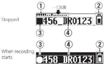 Stopped -12dB 456_DR0123 ① ② ③ ④ When recording starts ③ ④ ② 458_DR0123