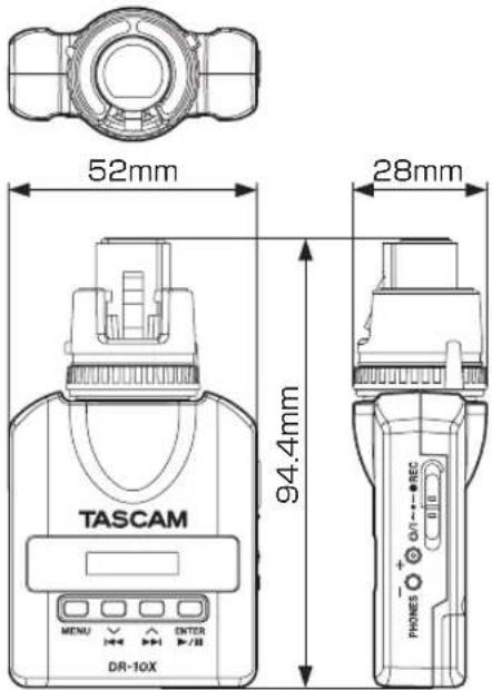52mm 94.4mm 28mm TASCAM DR-10X MENU ENTER +/-/II +/-/II PHONES +/-/II REC