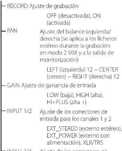 RECORD Ajuste de grabación OFF (desactivada), ON (activada) PAN Ajuste del balance izquierda/ derecha (se aplica a los ficheros estéreo durante la grabación en modo 2 MIX y a la salida de monitorización) LEFT (izquierda) 12 - CENTER (centro) - RIGHT (derecha) 12 GAIN Ajuste de ganancia de entrada LOW (baja), HIGH (alta), HI+PLUS (alta +) INPUT 1/2 Ajuste de los conectores de entrada para los canales 1 y 2 EXT_STEREO (externo estéreo), EXT_POWER (externo con alimentación), XLR/TRS INPUT 3/4 Ajuste de los conertores de