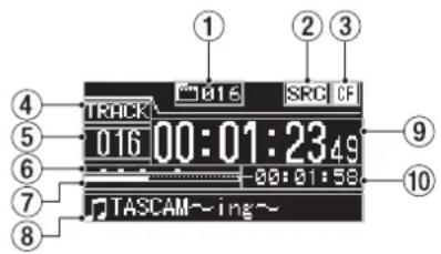 1 2 3 4 TRHCK 016 00:01:23 49 5 6 7 TASCAM~ing~ 6 8 9 SRC CI 09:01:58