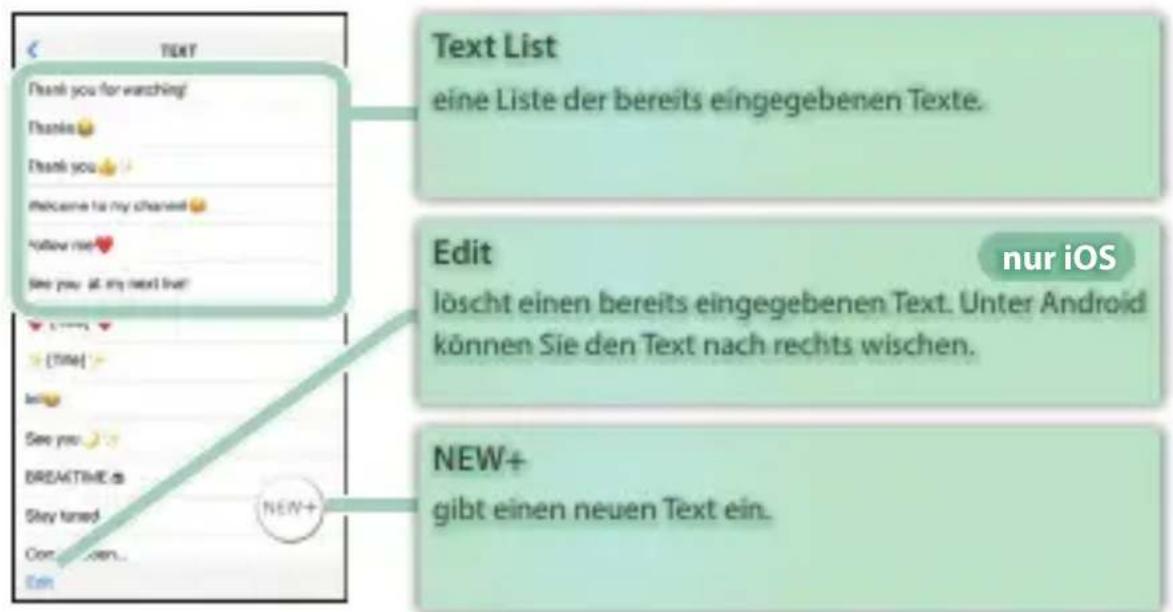 Text List eine Liste der bereits eingegebenen Texte. Edit nur iOS löscht einen bereits eingegebenen Text. Unter Android können Sie den Text nach rechts wischen. NEW+ gibt einen neuen Text ein.