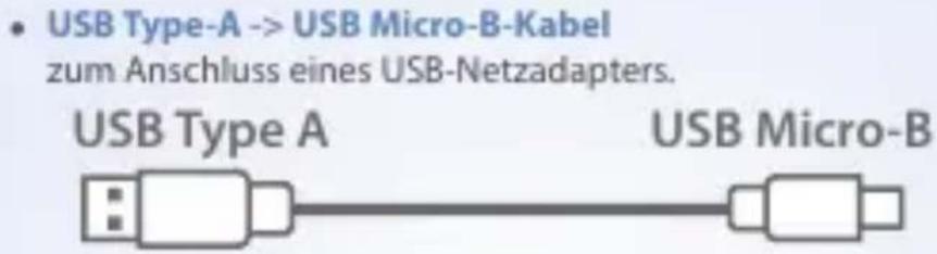 • USB Type-A -> USB Micro-B-Kabel zum Anschluss eines USB-Netzadapters. USB Type A USB Micro-B